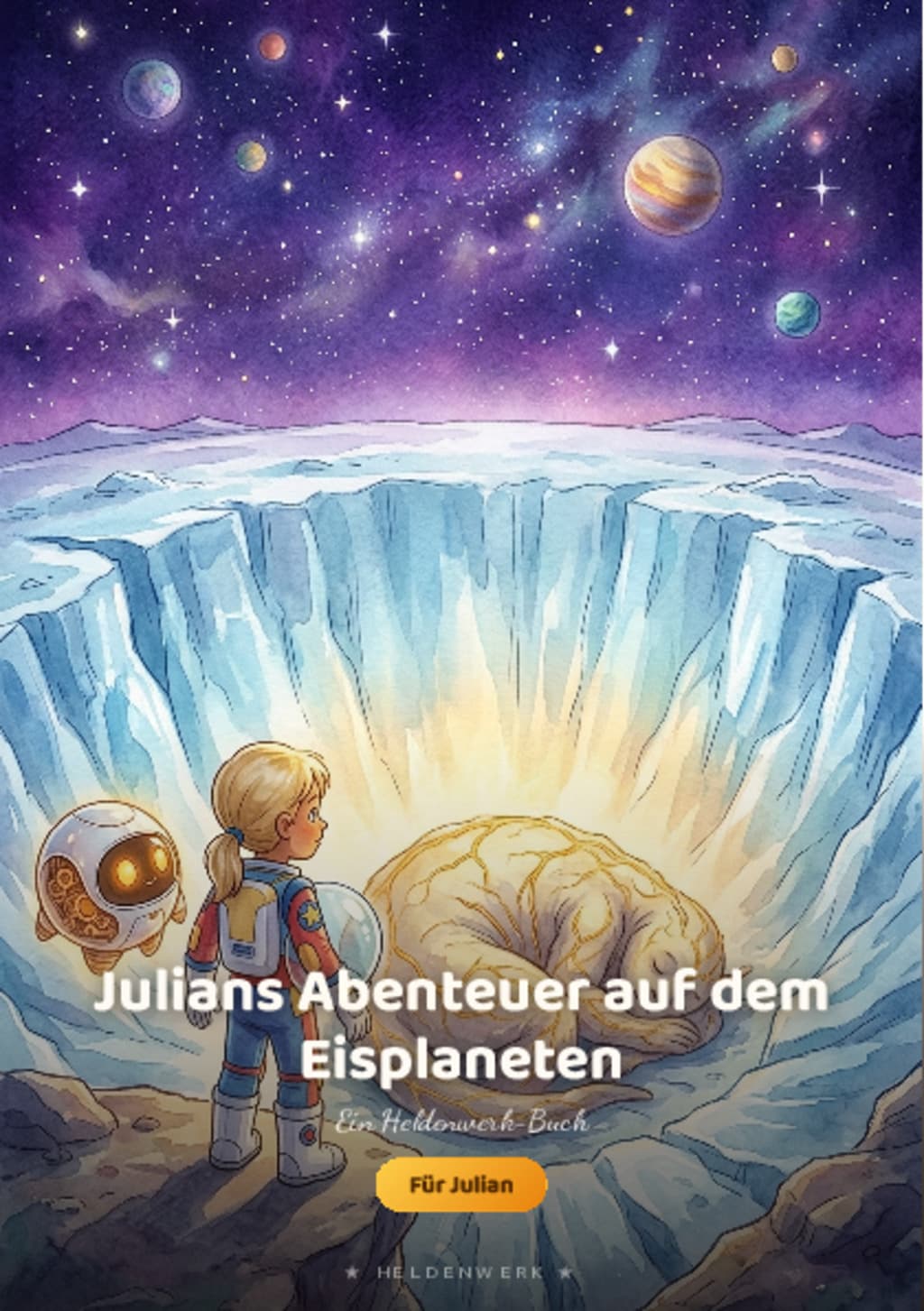 Beispielseite aus dem personalisierten Weltraum-Buch von Heldenwerk